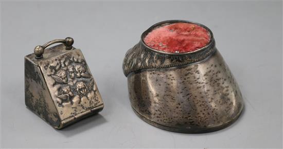 An Edwardian novelty silver ring box modelled as a coal scuttle, Birmingham, 1904 and silver pin cushion.